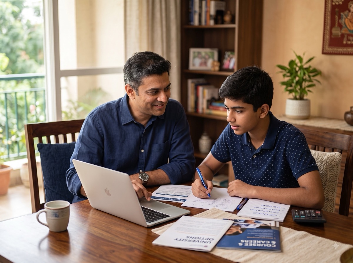 A parent and child weighing options together at home